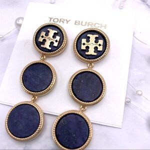 New Tory Burch Gold Logo, Dark Blue Round Drop Dangle Stud Earrings